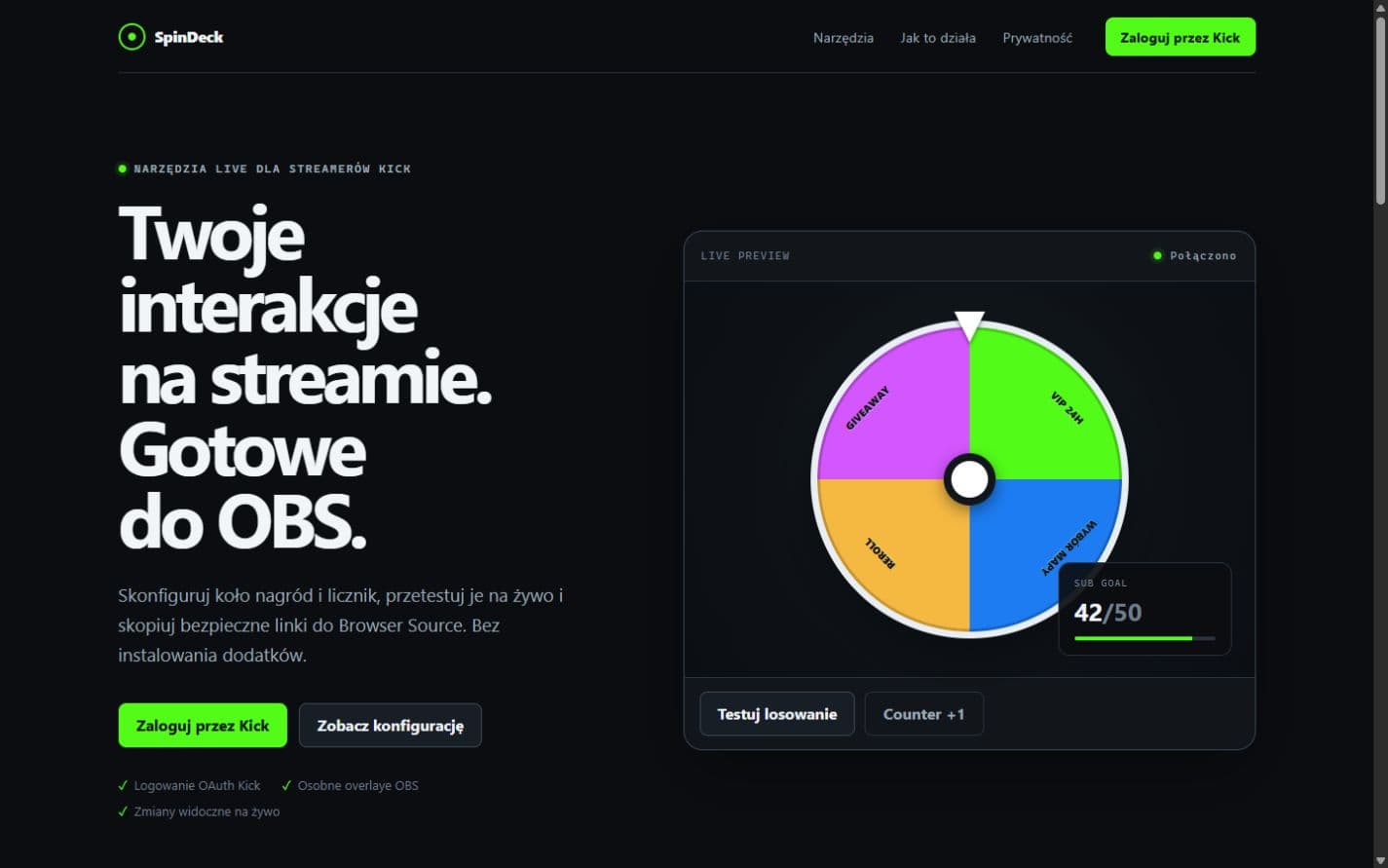 Landing page SpinDeck z podglądem koła i countera do OBS